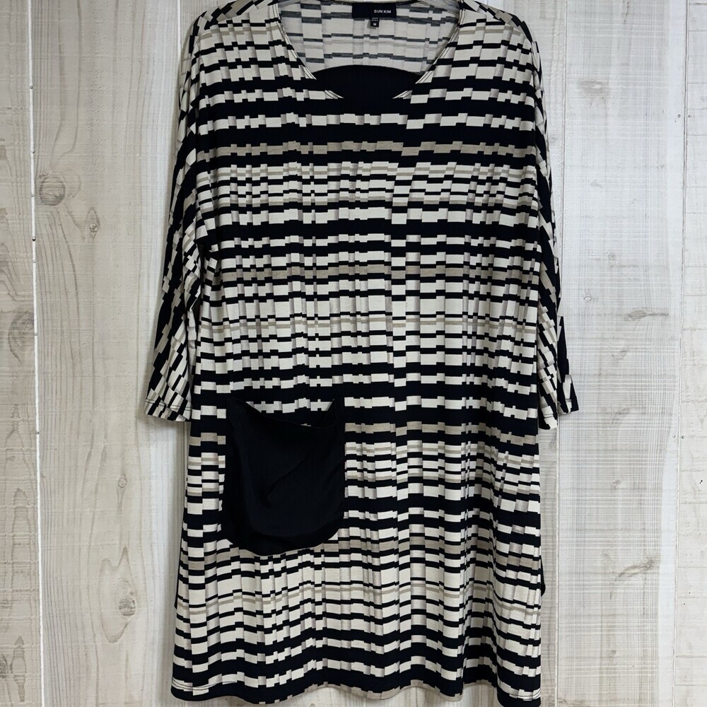 Sun Kim Tunic M Geometric Asymmetrical Black Ivory  Artsy Lagenlook USA